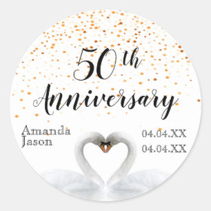 Sticker Rond 50e anniversaire mariage cygnes blancs en or confe