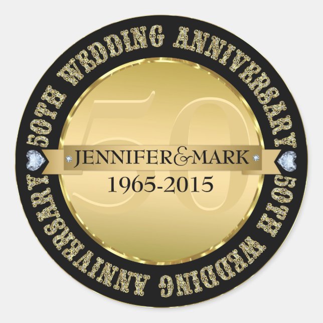 Sticker Rond 50E Anniversaire Mariage Métallic Or & Noir (Devant)