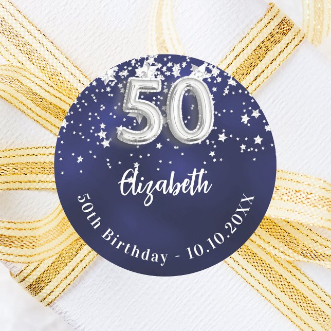 Sticker Rond 50e anniversaire marine bleu argent étoiles (Créateur téléchargé)