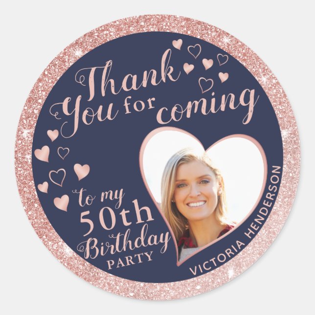 Sticker Rond 50e anniversaire Marine Bleu et Rose Merci d'or (Devant)