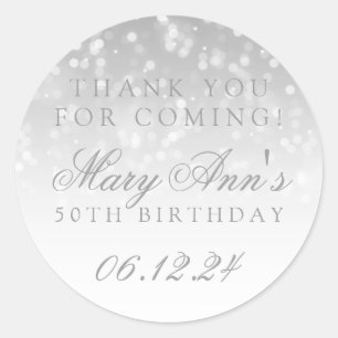 Sticker Rond 50e anniversaire Merci Argent Bokeh Étincelle lumi