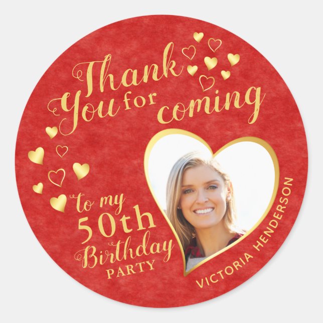 Sticker Rond 50e anniversaire Merci rouge pour venir en faveur (Devant)