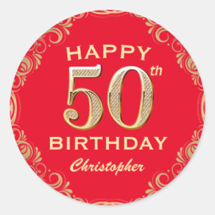 Sticker Rond 50e anniversaire Parties scintillant rouge et or c