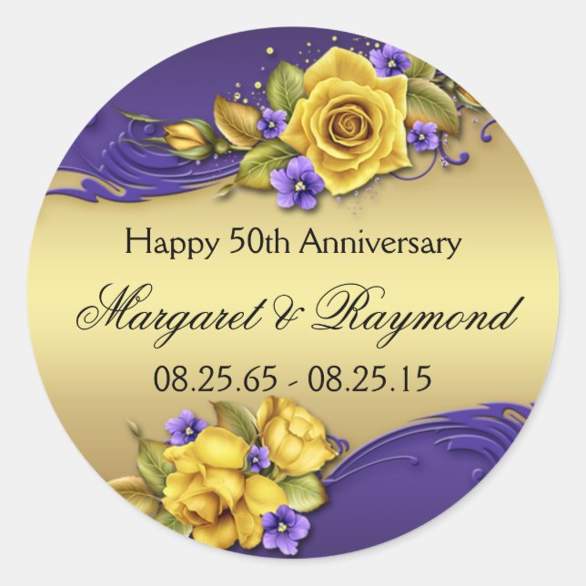 Sticker Rond 50e Anniversaire Roses Jaunes Pansies pourpres (Devant)