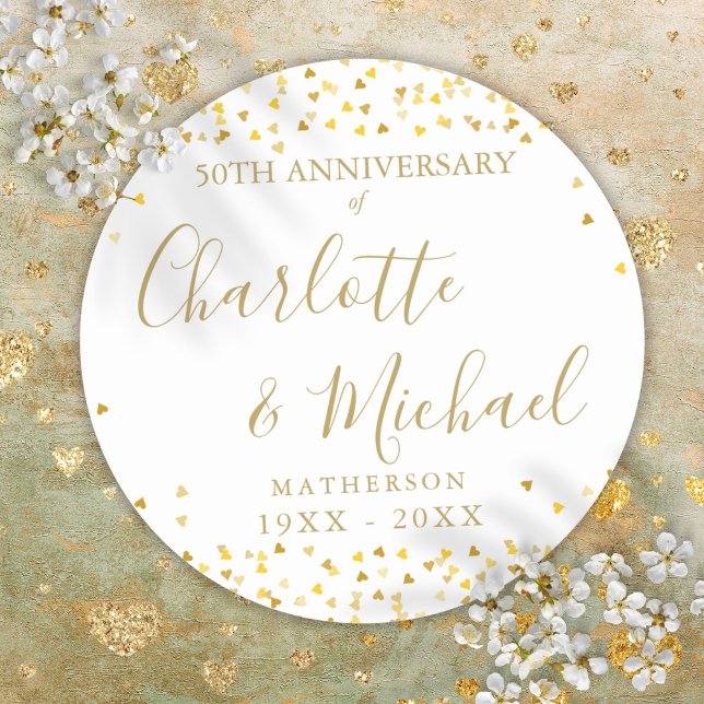 Sticker Rond 50e anniversaire Signature Golden Love Hearts (50th Anniversary Signature Golden Love Hearts Classic Round Sticker)