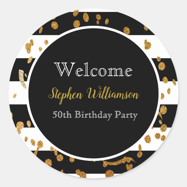 Sticker Rond 50e fête d'anniversaire| Black White Gold Welcome (Devant)