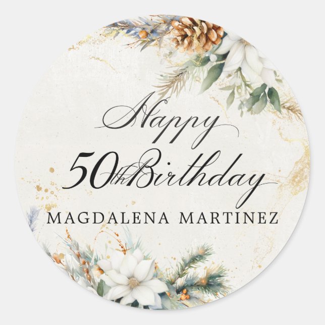Sticker Rond 50e fête d'anniversaire Blanc hiver Floral personn (Devant)