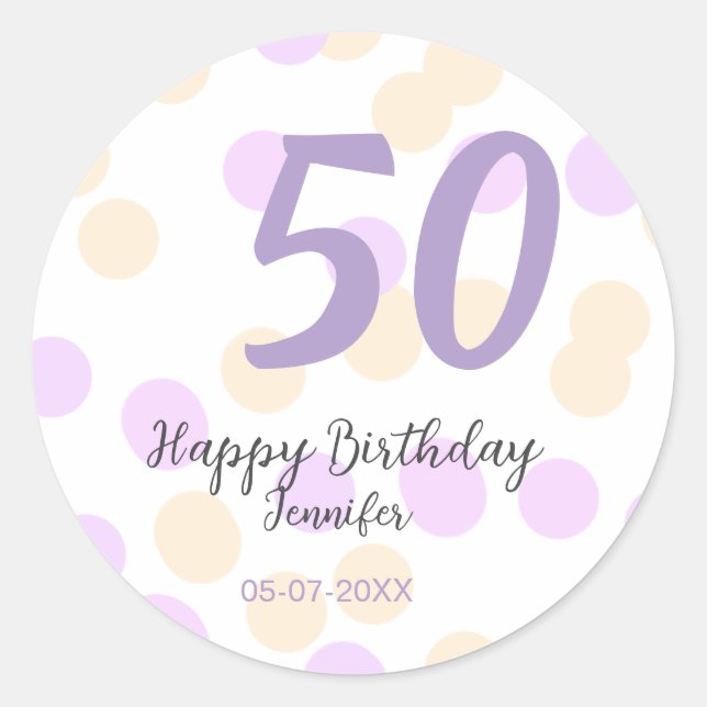 Sticker Rond 50th birthday add name date purple orange polkadot (Devant)