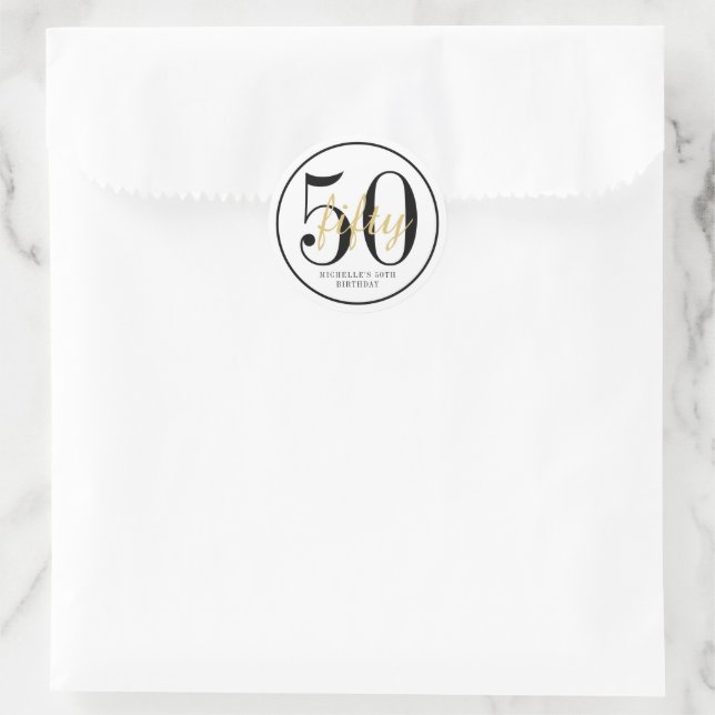 Sticker Rond 50th Birthday Party White Black Chic Round Favor  (Sac)