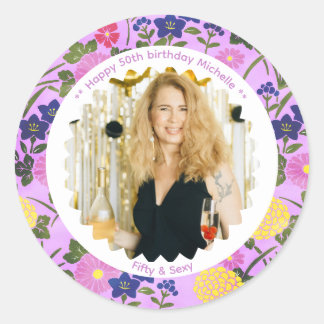 Sticker Rond 50th birthday photo name pink floral elegant
