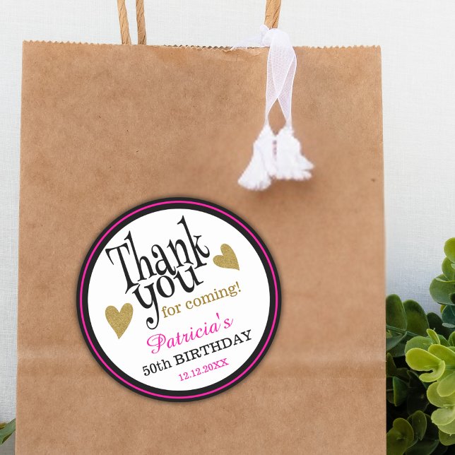 Sticker Rond 50th Birthday Pink Black And Gold Thank You Favor (Créateur téléchargé)