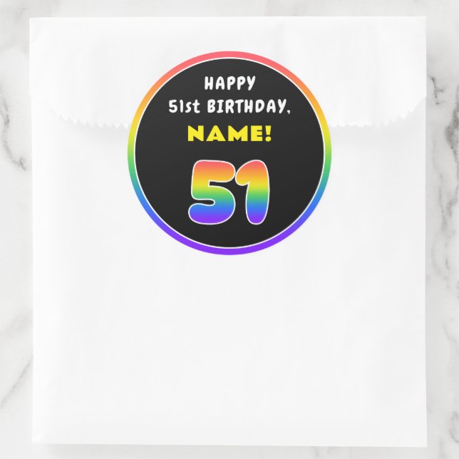 Sticker Rond 51e anniversaire : Arc-en-ciel coloré # 51, Nom pe (Sac)