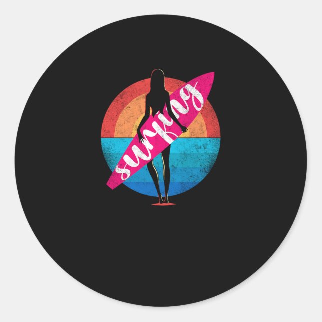 Sticker Rond 54. Surfing Surfer Girl Surfer Girl Sunset Surfboa (Devant)