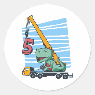 Sticker Rond 5 ans 5Anniversaire grue mobile Dinosaur