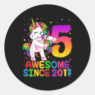 Sticker Rond 5 Ans Unicorne Flossant 5e Anniversaire Girl Uni