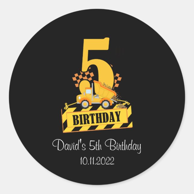 Sticker Rond 5e anniversaire Camion de construction noir et jau (Devant)