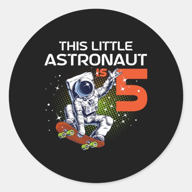 Sticker Rond 5th Birthday Astronaut Skateboarding 5 Year Old Sp (Devant)