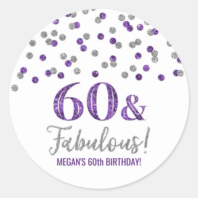 Sticker Rond 60 & Fabuleux Anniversaire Silver Purple Confetti (Devant)
