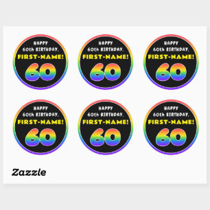 Sticker Rond 60e anniversaire : Arc-en-ciel coloré # 60, Nom pe
