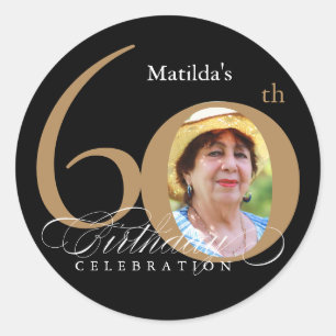 Sticker Rond 60e Anniversaire Calligraphie Or Black Elegant Pho