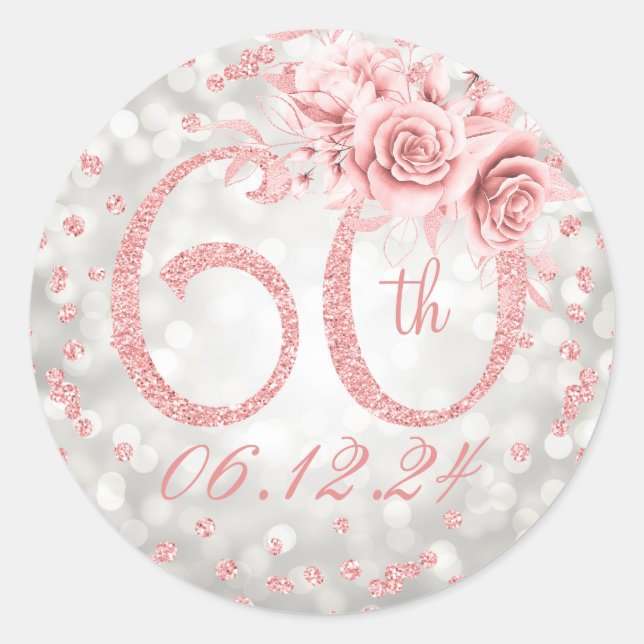 Sticker Rond 60e anniversaire de fête Lumières Rose Gold Silver (Devant)