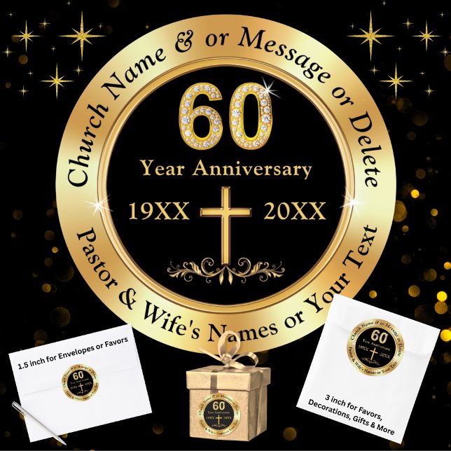 Sticker Rond 60e anniversaire de l'Église, pour Faveurs, Envelo (Church 60th anniversary party stickers. Black and gold, 60th church anniversary stickers. 60 year.)