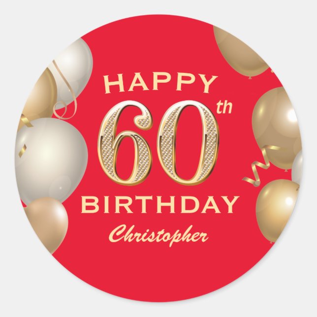 Sticker Rond 60e Anniversaire des Ballons Rouge et Or (Devant)