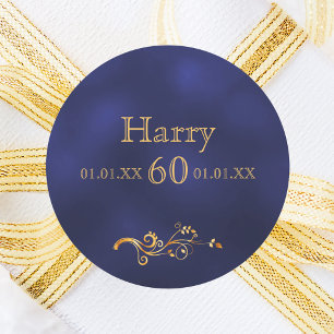 Sticker Rond 60e anniversaire élégant bleu foncé et or