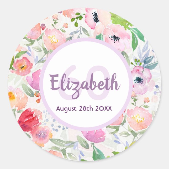 Sticker Rond 60e anniversaire fleurs violettes roses (Devant)