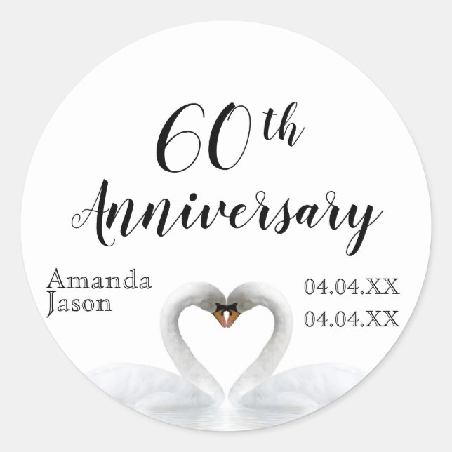 Sticker Rond 60e anniversaire mariage cygnes blancs dans les no (Devant)