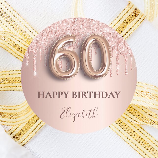 Sticker Rond 60e anniversaire rose gouttes rose or (Créateur téléchargé)