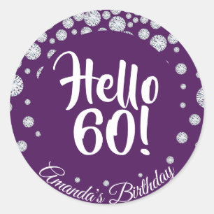 Sticker Rond 60e anniversaire violet bonjour 60 nom diamants