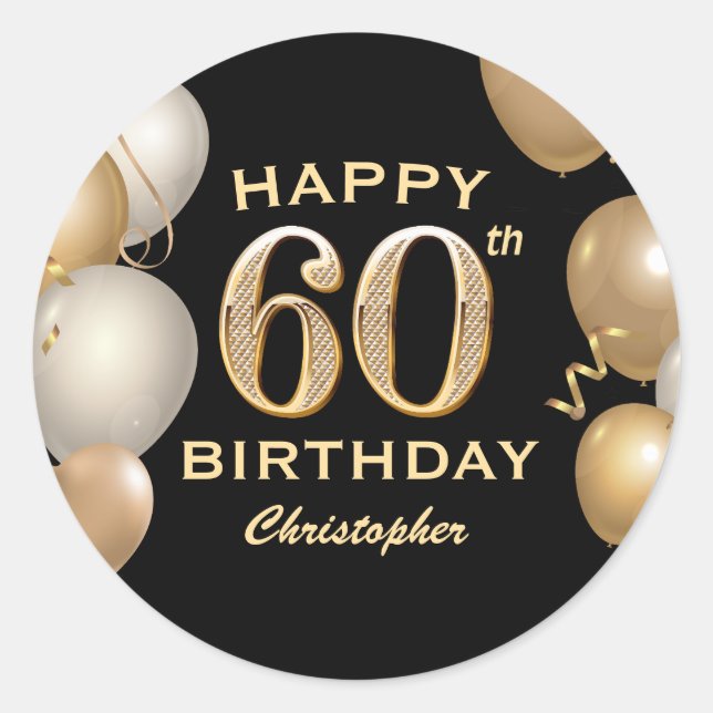 Sticker Rond 60e fête d'anniversaire Ballons noirs et or (Devant)