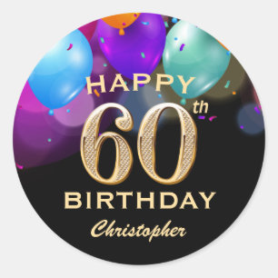 Sticker Rond 60e fête d'anniversaire Ballons noirs et or