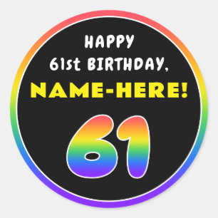 Sticker Rond 61e anniversaire : Arc-en-ciel coloré # 61, Nom pe