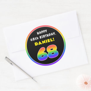 Sticker Rond 68e anniversaire : Arc-en-ciel coloré # 68, Nom pe