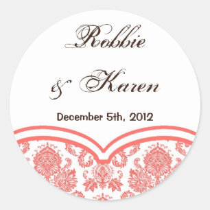 Sticker Rond 6 - 3" dentelle blanche rose de corail de damassé