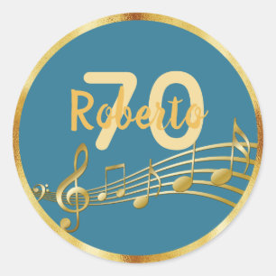 Sticker Rond 70e anniversaire de musique or notes turquoise ble
