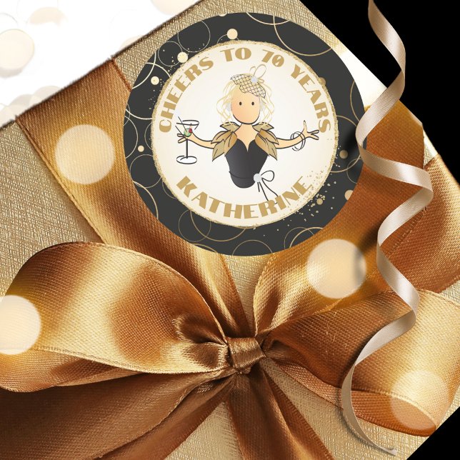 Sticker Rond 70e Anniversaire Gold Black Funny Cartoon Chic Cla (Créateur téléchargé)