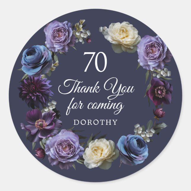 Sticker Rond 70e anniversaire Moody Purple Flower Merci Favor (Devant)