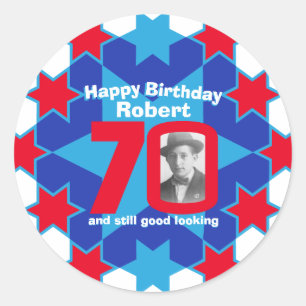Sticker Rond 70e anniversaire photo bleu blanc rouge étoile