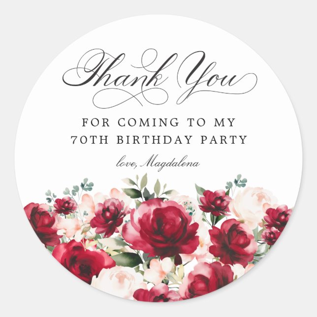 Sticker Rond 70e fête d'anniversaire Merci floral rose rouge (Devant)