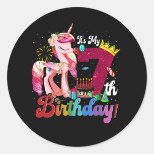 Sticker Rond 7 Ans C'Est Mon 7E Anniversaire Fête Cute Unicorn