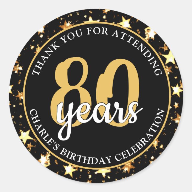 Sticker Rond 80e anniversaire Black and Gold Stars MERCI (Devant)