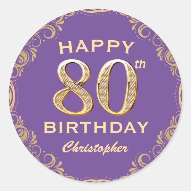 Sticker Rond 80e anniversaire fête violet et Parties scintillan (Devant)