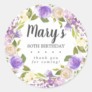 Sticker Rond 80e anniversaire fête violet Merci floral sceau