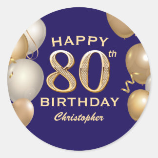 Sticker Rond 80e Anniversaire Marine Bleu et Ballons d'or