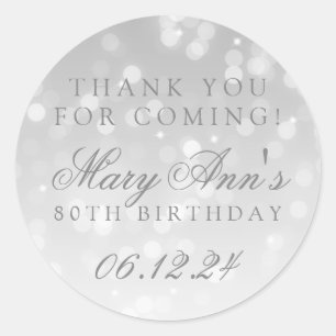 Sticker Rond 80e anniversaire Merci Argent Bokeh Feu d'étincell