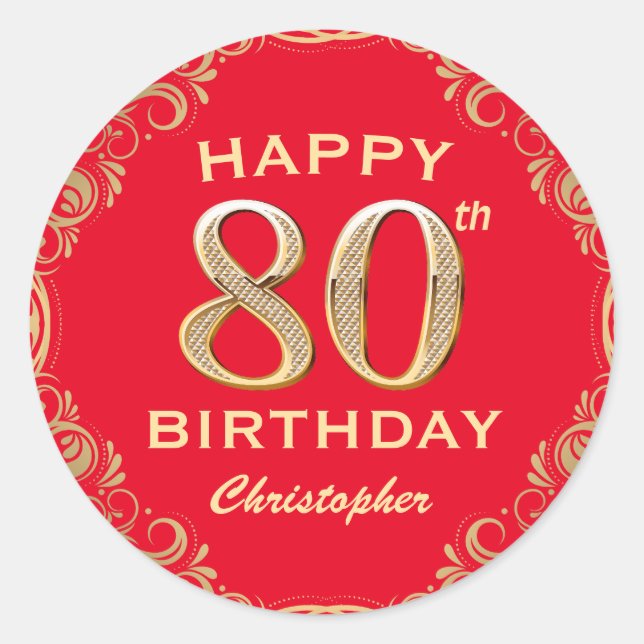 Sticker Rond 80e anniversaire Parties scintillant rouge et or (Devant)