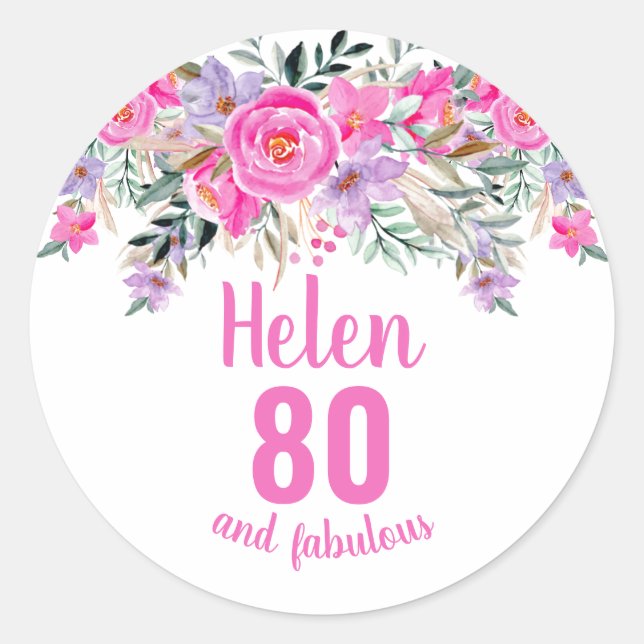 Sticker Rond 80e anniversaire rose aquarelle floral (Devant)